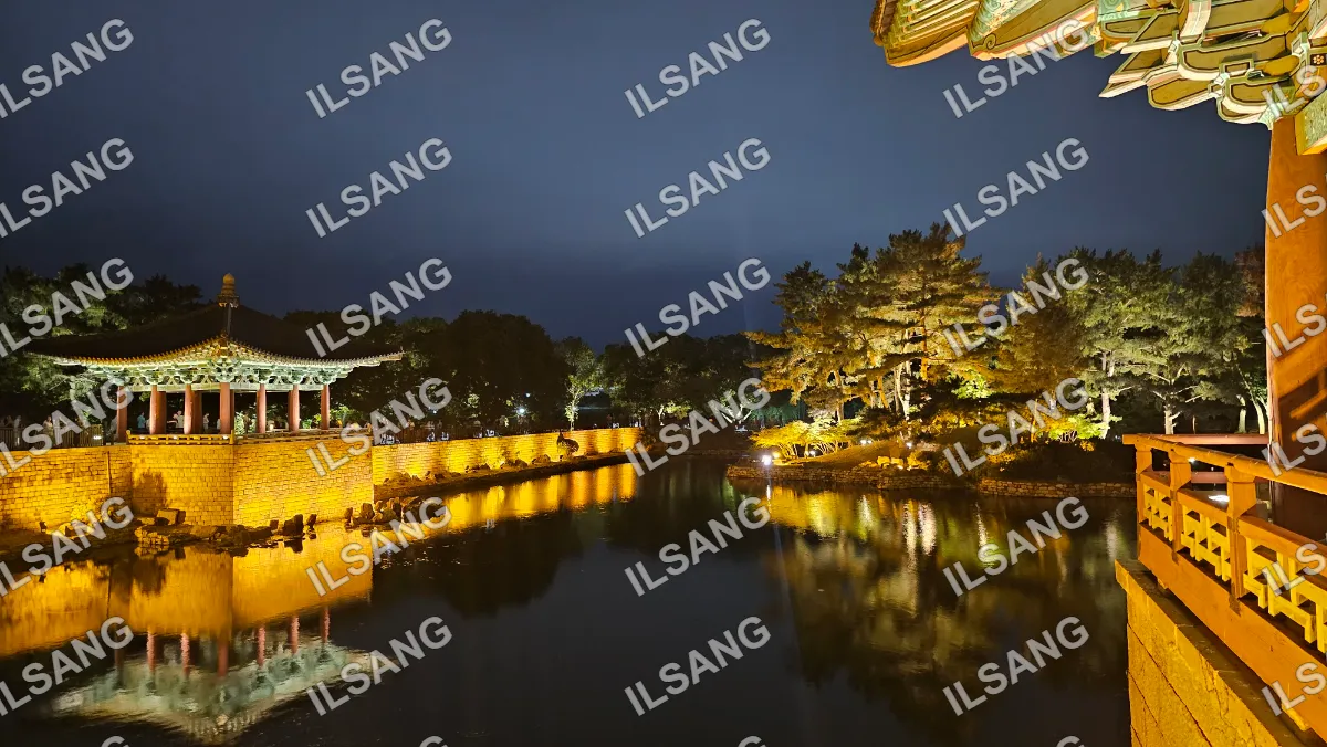 A beautiful nighttime scene of a lake with a reflection of a building and trees.