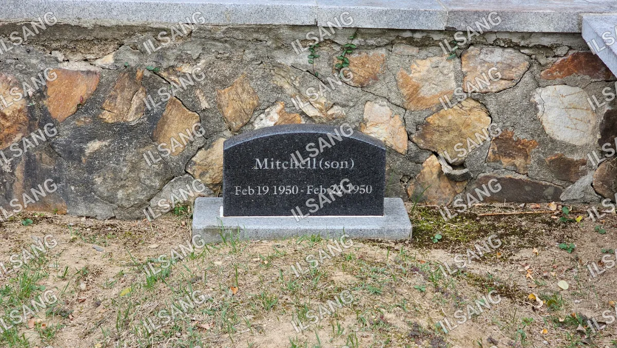 A black and white headstone for a man named Mitchell.