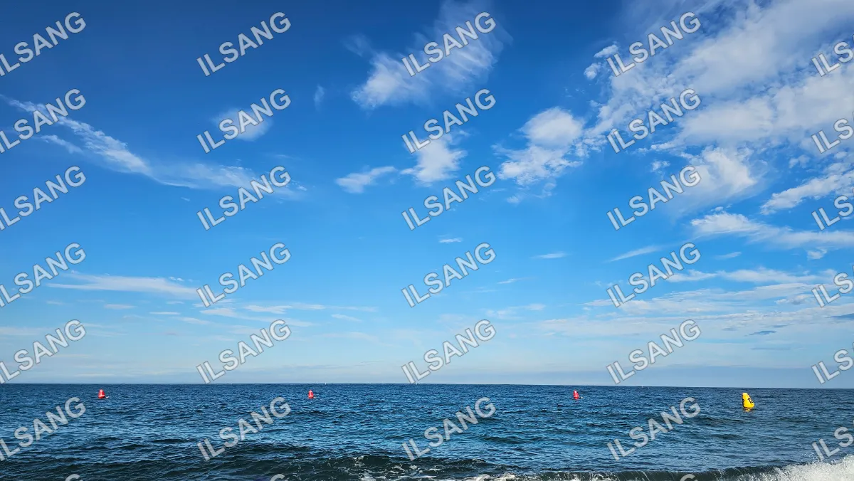 A blue sky with clouds and a red buoy in the water.