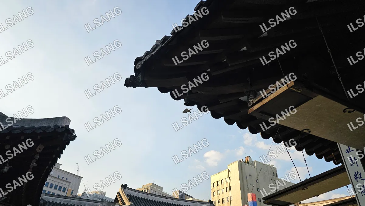 A building with a roof that has a bird on it.