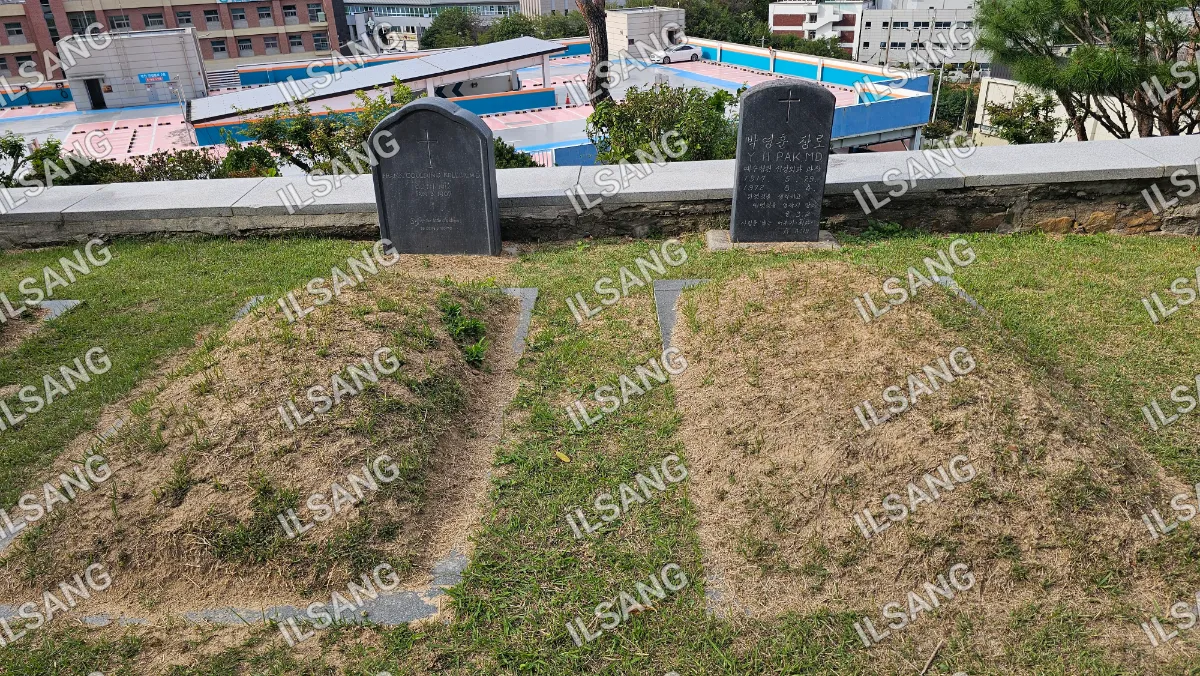 A cemetery with two headstones and a grassy area.