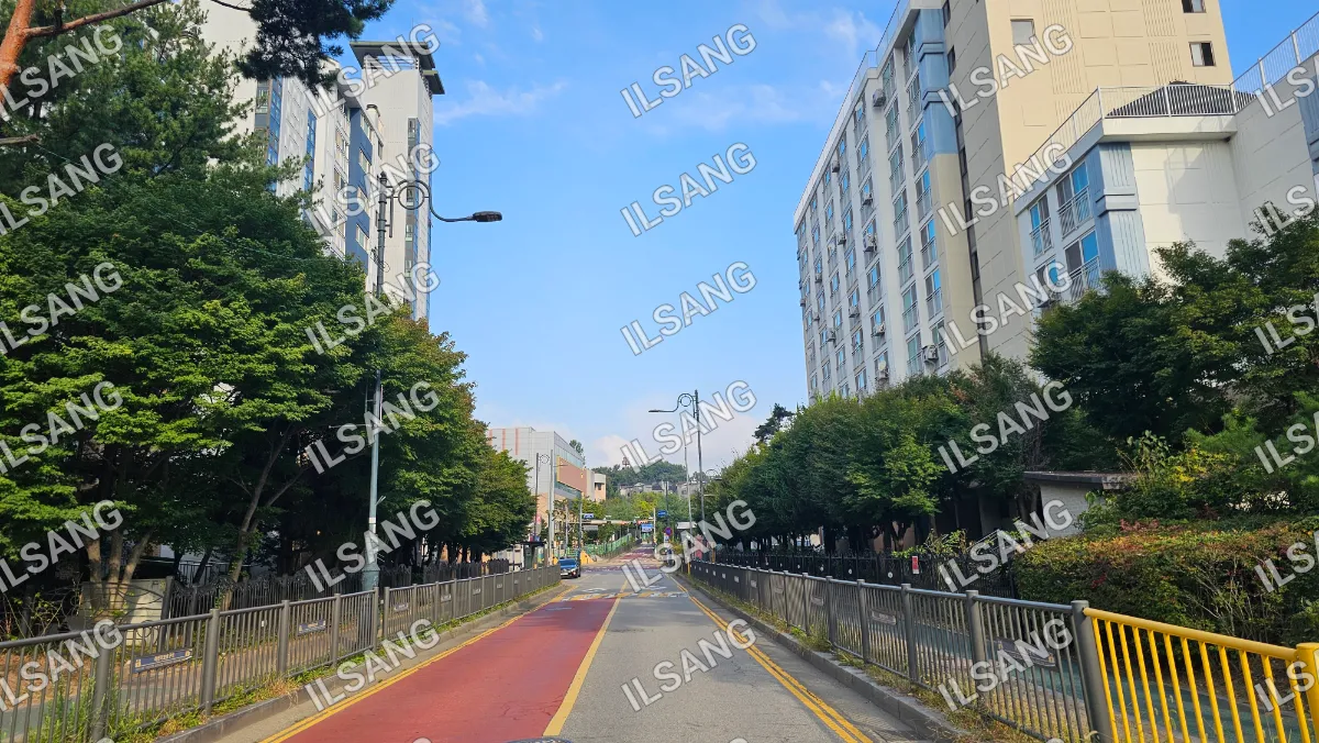A city street with a red line down the middle.