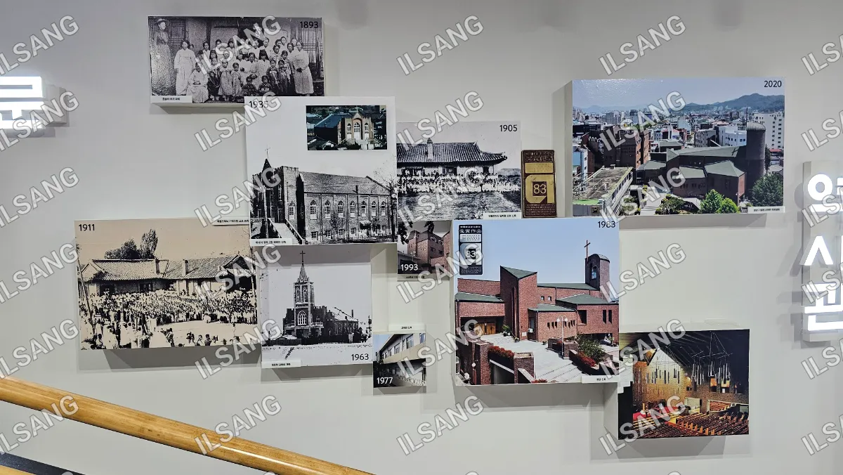 A collection of old photos of a church and its surroundings.