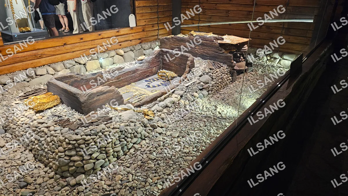 A display of a snake in a glass case.