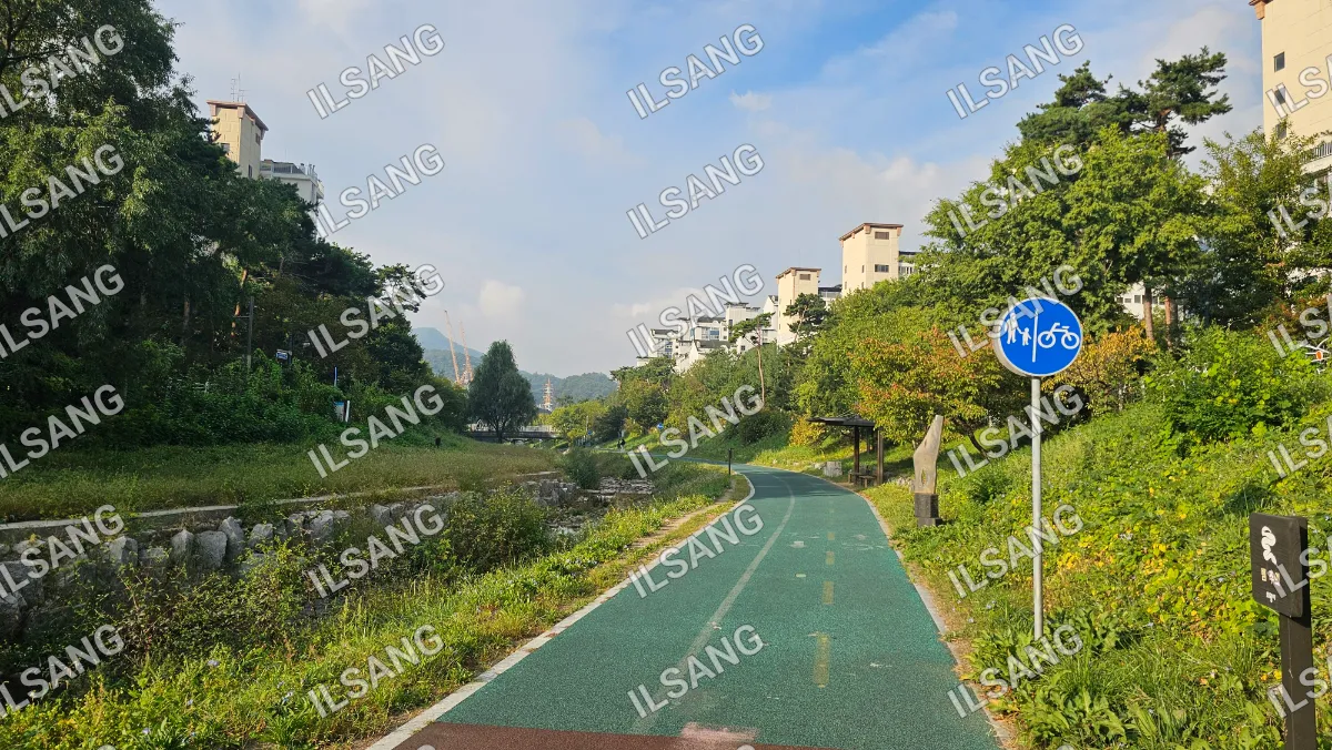A green pathway with a blue sign on the side.