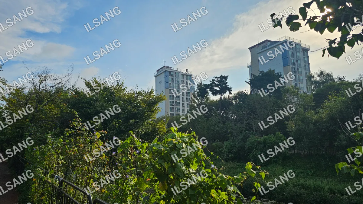 A kite is flying in the sky above a city.