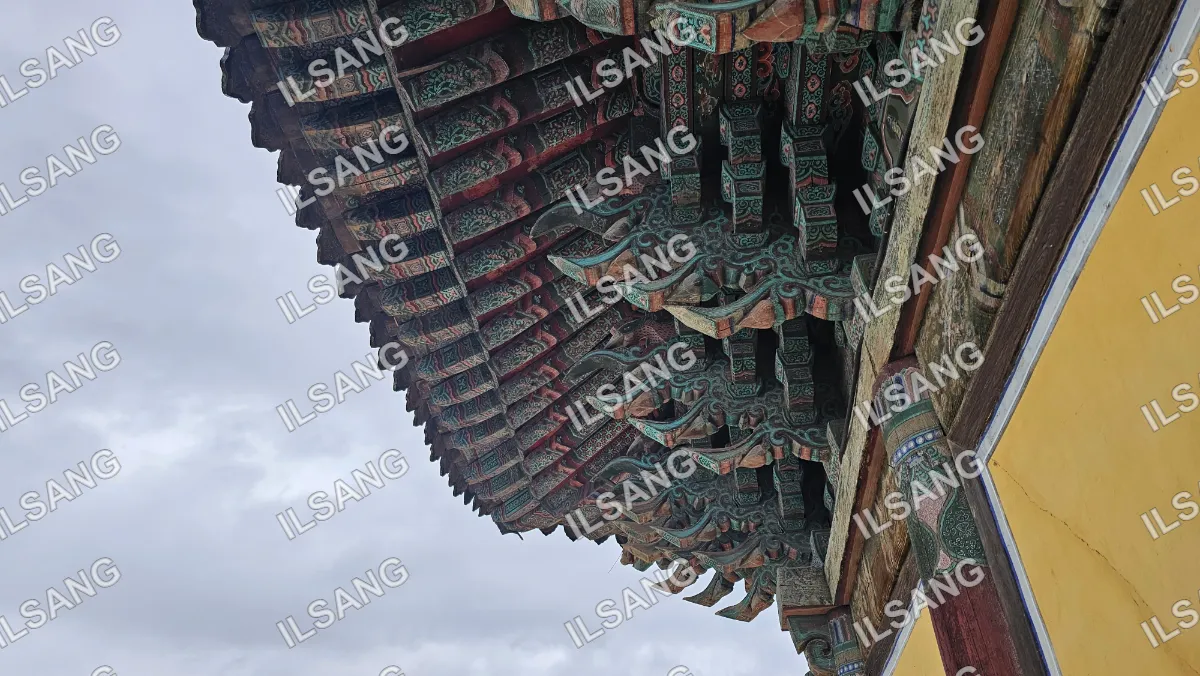 A large green and red roof with many decorative designs.