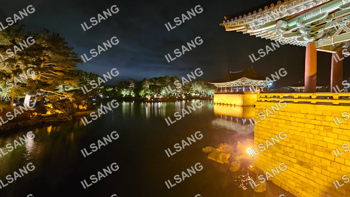 A nighttime view of a lake with a lit torch and a building in the background.