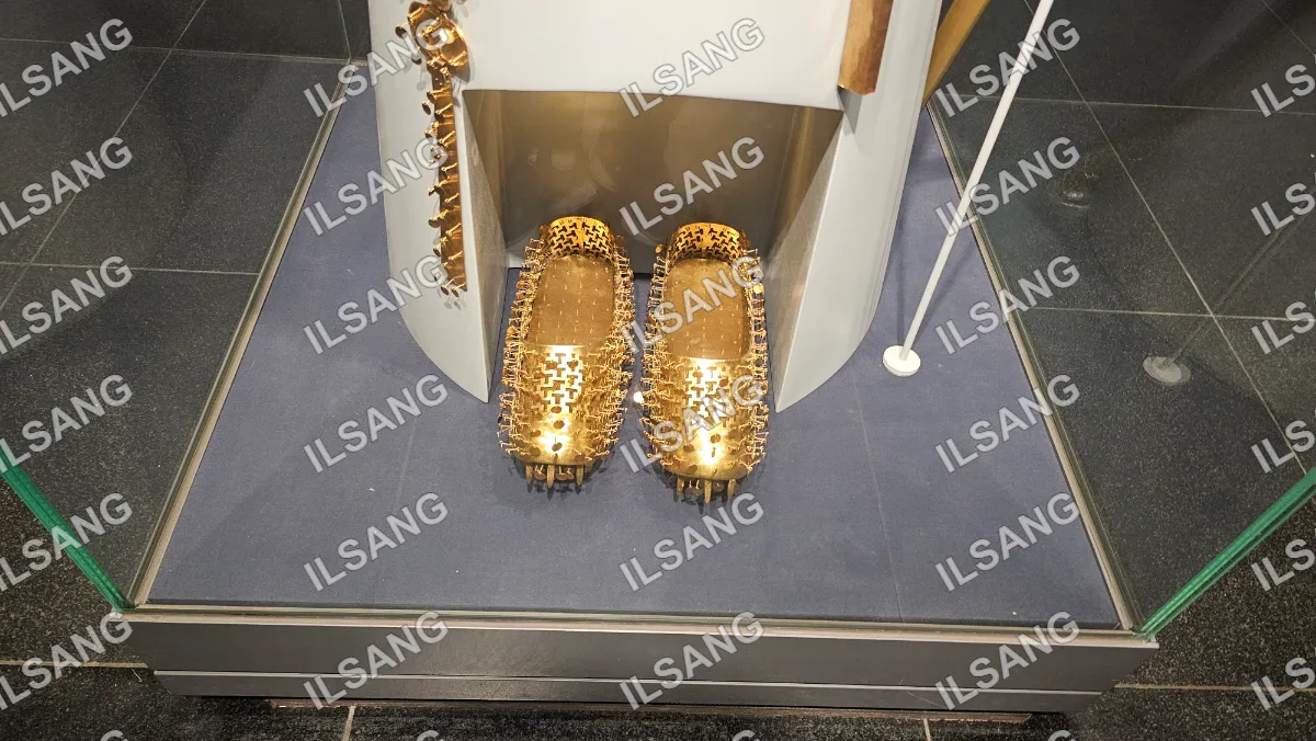 A pair of gold shoes are displayed in a glass case.