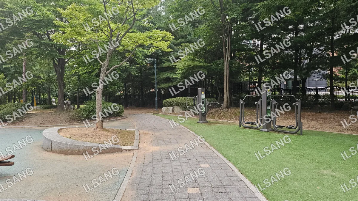 A park with a bench and a tree.