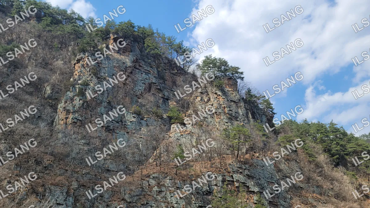 A rocky mountain with trees and a blue sky.