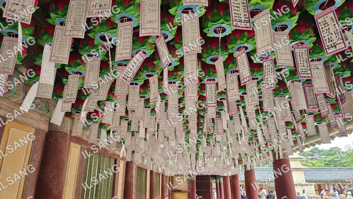 A row of green and red banners hang from the ceiling of a building.