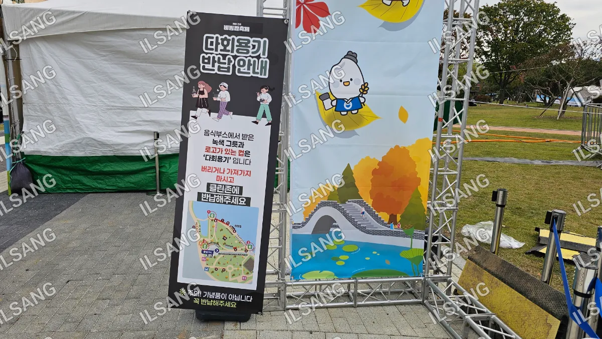 A sign with a map of a park is displayed in front of a large banner.