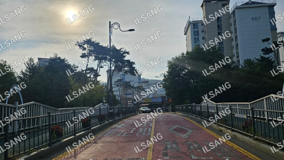 A street with a red bridge and a street light.