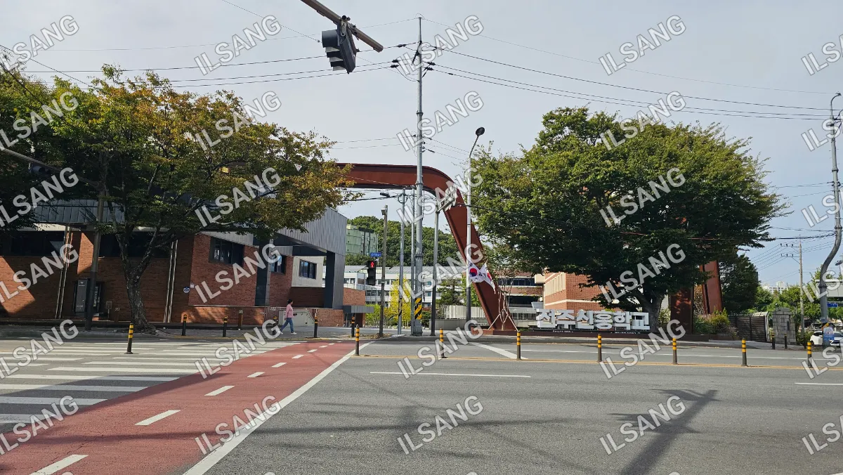 A street with a red crosswalk and a traffic light.