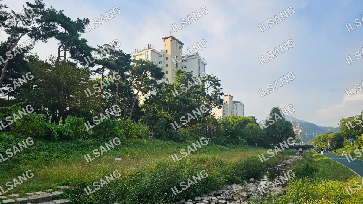 A view of a building with trees in the foreground.