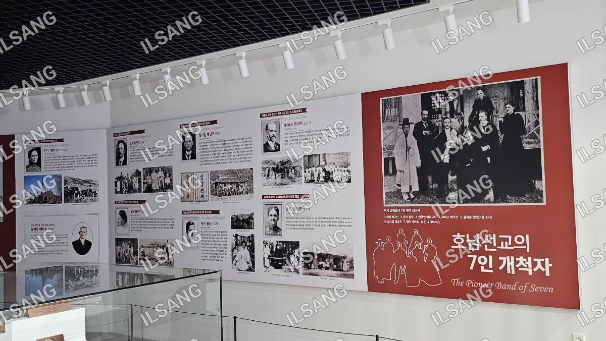 A wall of pictures of people in a museum.