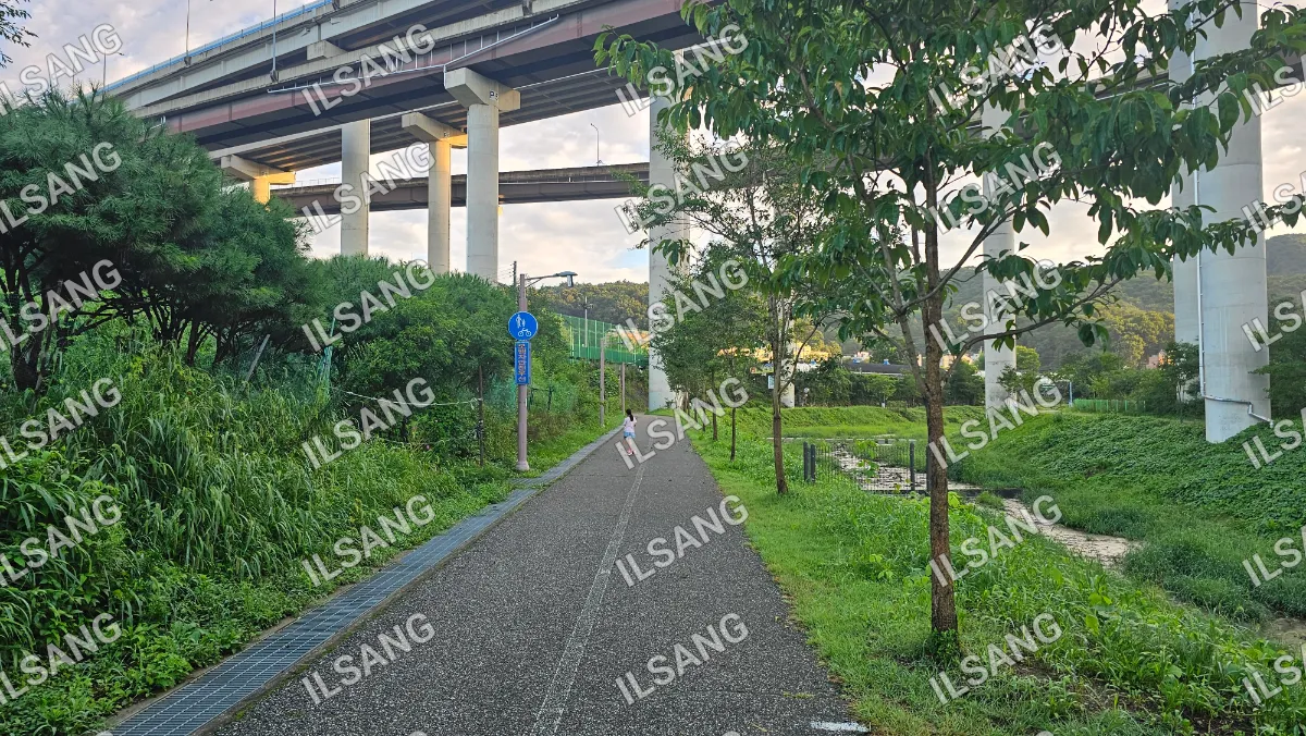 A woman walking on a path under a bridge.