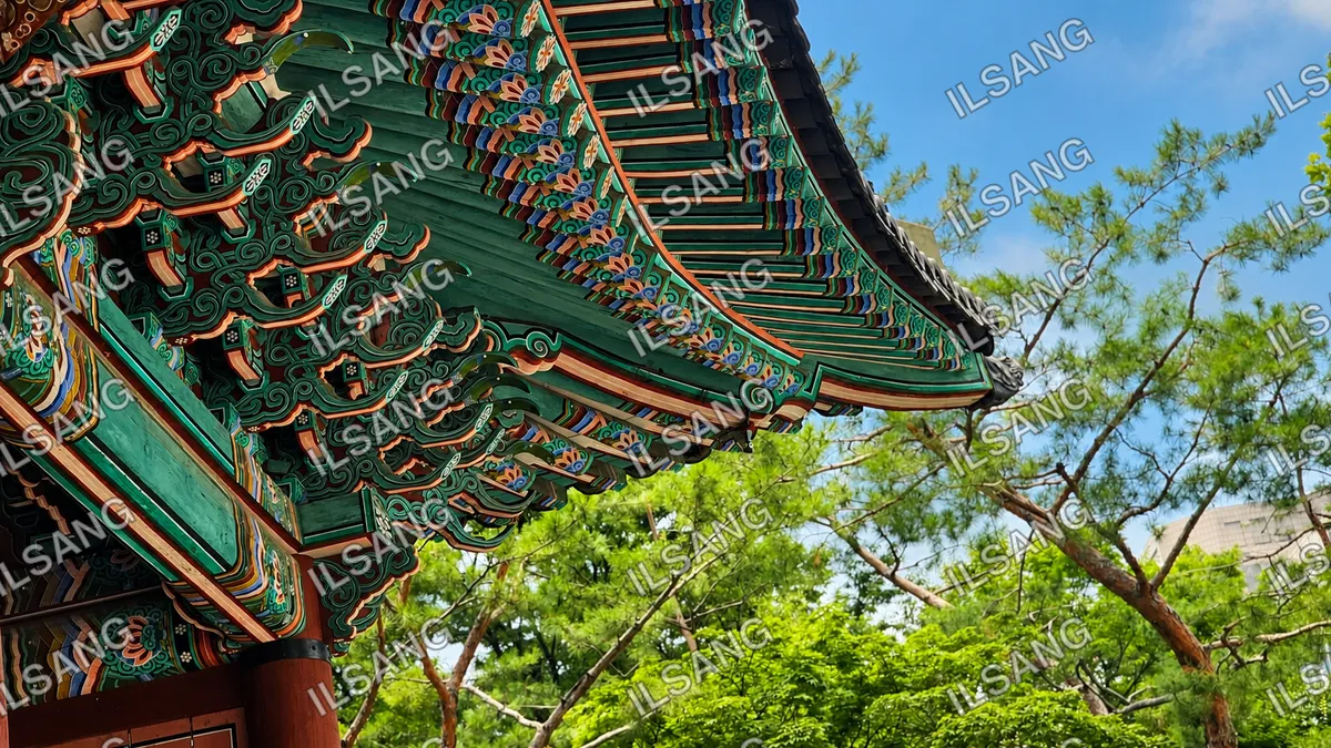 A large green and blue oriental roof with a tree in the foreground.