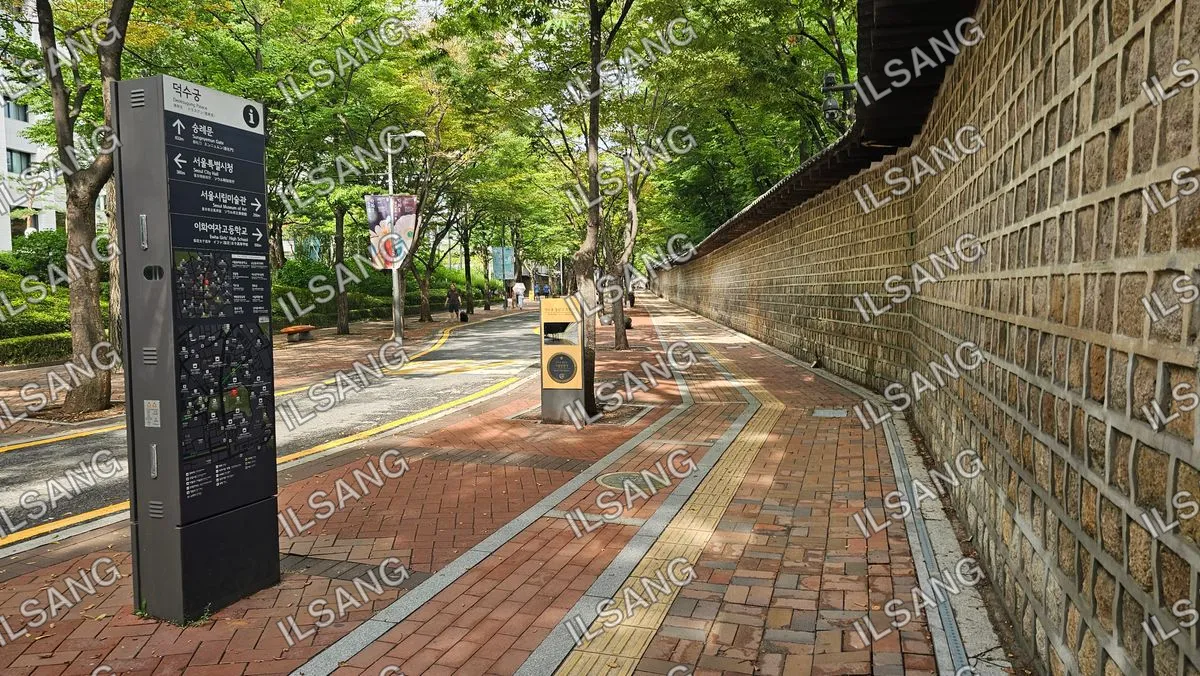 A brick sidewalk with a yellow line down the middle.