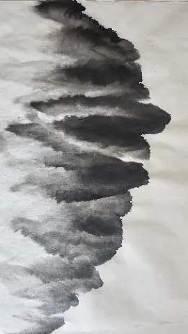A black and white painting of a cloudy sky