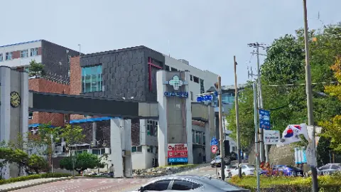 A black car is parked in front of a building