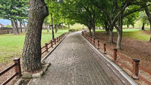 A brick walkway in a park with trees on both