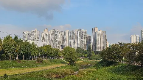 A city skyline with a river running through it