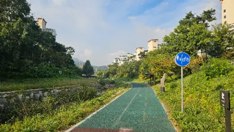 A green pathway with a blue sign on the side