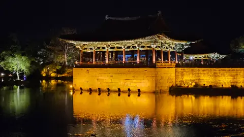 A large building with a pagoda roof and a reflecting