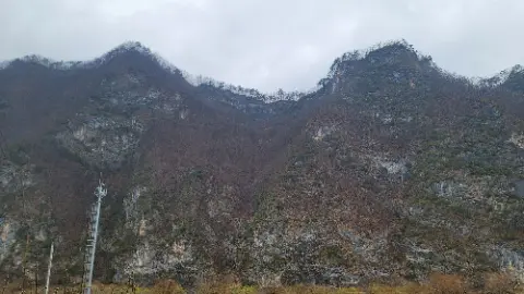A mountain with trees and a rocky terrain