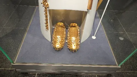 A pair of gold shoes are displayed in a glass