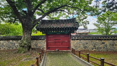A red building with a black door and a tree