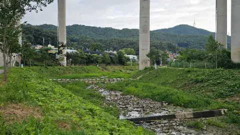 A river with a concrete wall and a bridge over