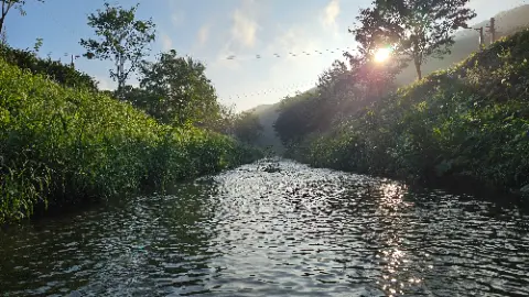 A river with a sun shining on it