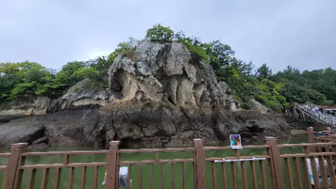 A rocky cliff overlooking a body of water