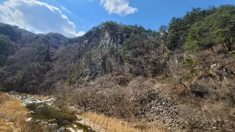 A rocky hillside with trees and a river in the