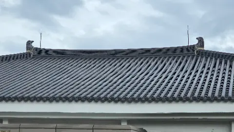 A roof with a gray metal covering