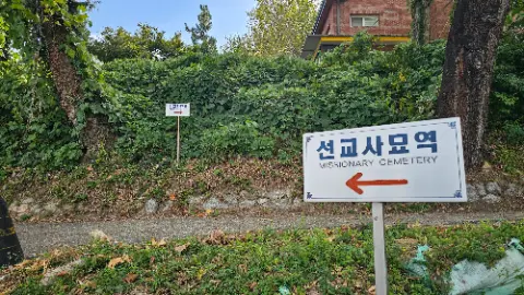 A sign is posted on a hillside, pointing to a