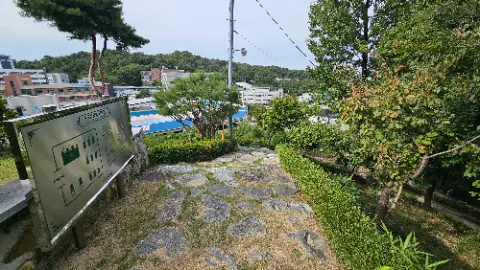 A stone pathway leads to a tree filled park