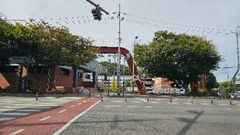 A street with a red crosswalk and a traffic light