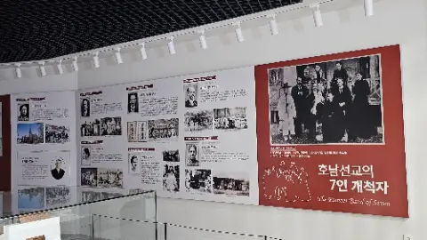 A wall of pictures of people in a museum